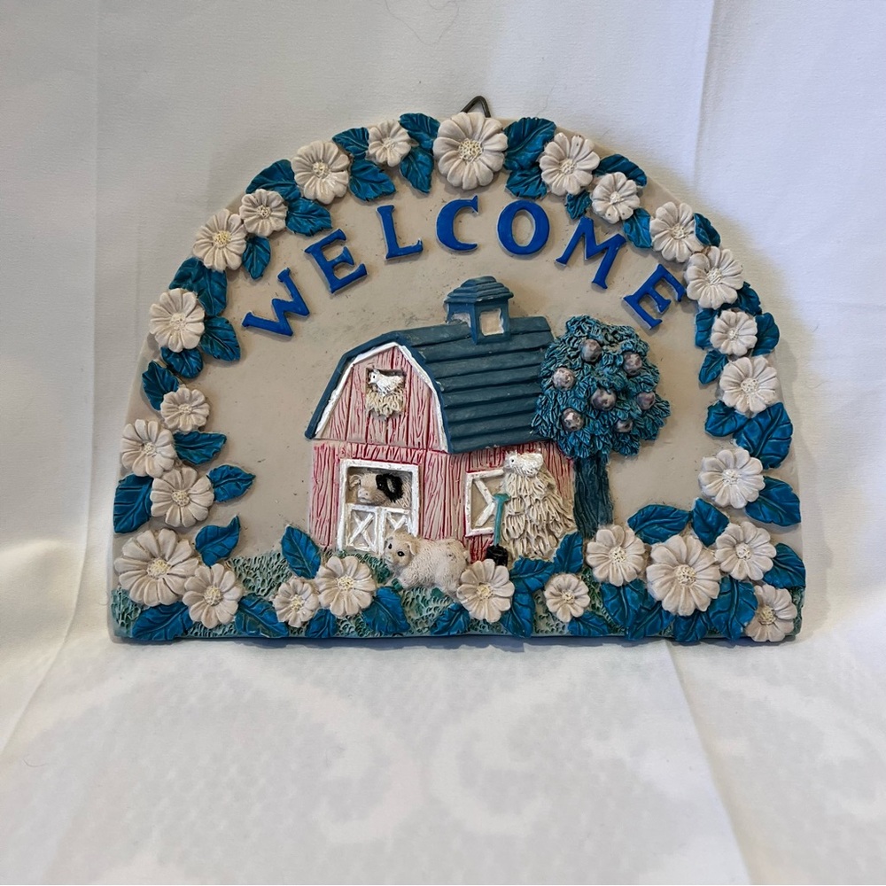 Farmhouse Welcome Barn Sheep Wall Plaque Blue Floral Country Cottage Decor